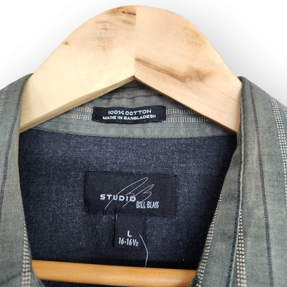 Vintage Bill Blass Green Striped Button Down Shirt Cotton L - Picture 5 of 8